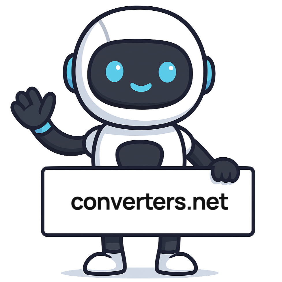 A robot holding a converter sign, representing the automated converter tool on the page.